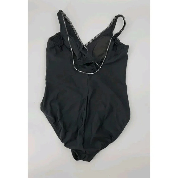MIRACLESUIT One Piece Swimsuit Criss Cross Front Sz 16 Black w/ Black White Trim - Picture 3 of 10